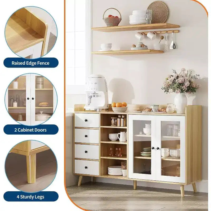 Meuble de Rangement Acekool 55, Buffet de Cuisine Noyer avec Tiroir, Portes Vitrées & Étagères Réglables, Meuble Bar à Café pour Salle à Manger