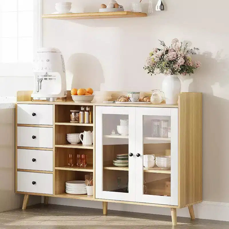 Meuble de Rangement Acekool 55, Buffet de Cuisine Noyer avec Tiroir, Portes Vitrées & Étagères Réglables, Meuble Bar à Café pour Salle à Manger