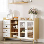 Meuble de Rangement Acekool 55, Buffet de Cuisine Noyer avec Tiroir, Portes Vitrées & Étagères Réglables, Meuble Bar à Café pour Salle à Manger