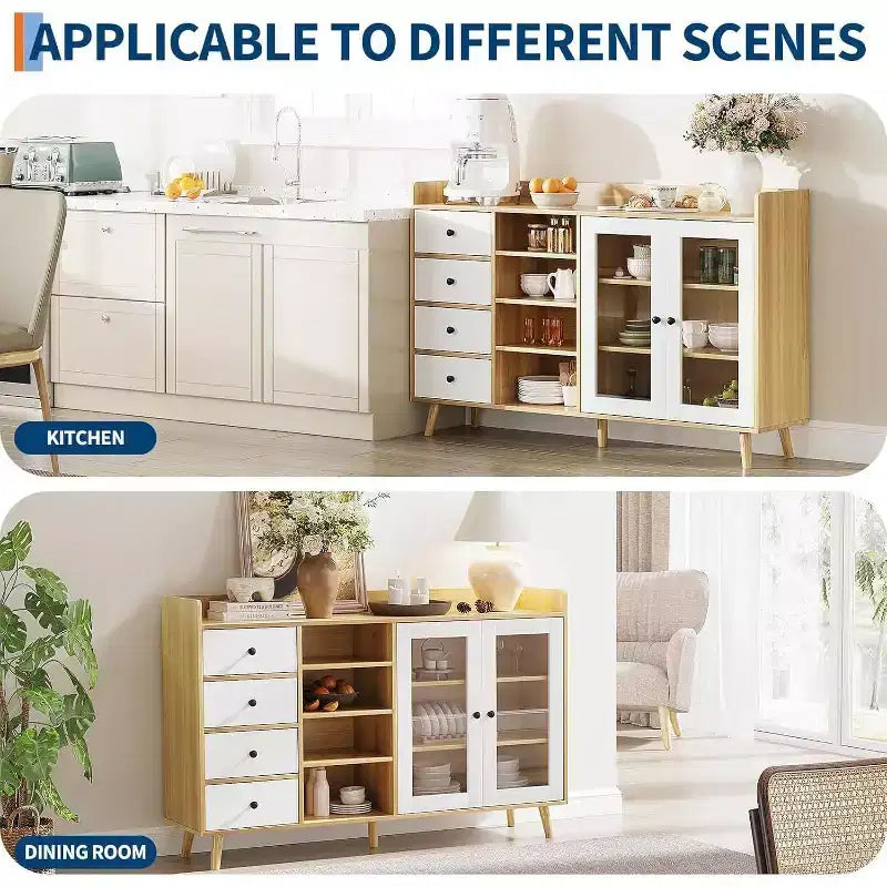 Meuble de Rangement Acekool 55, Buffet de Cuisine Noyer avec Tiroir, Portes Vitrées & Étagères Réglables, Meuble Bar à Café pour Salle à Manger