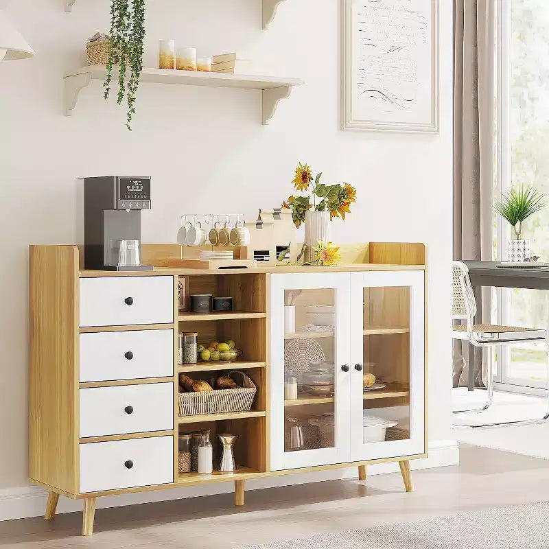 Meuble de Rangement Acekool 55, Buffet de Cuisine Noyer avec Tiroir, Portes Vitrées & Étagères Réglables, Meuble Bar à Café pour Salle à Manger