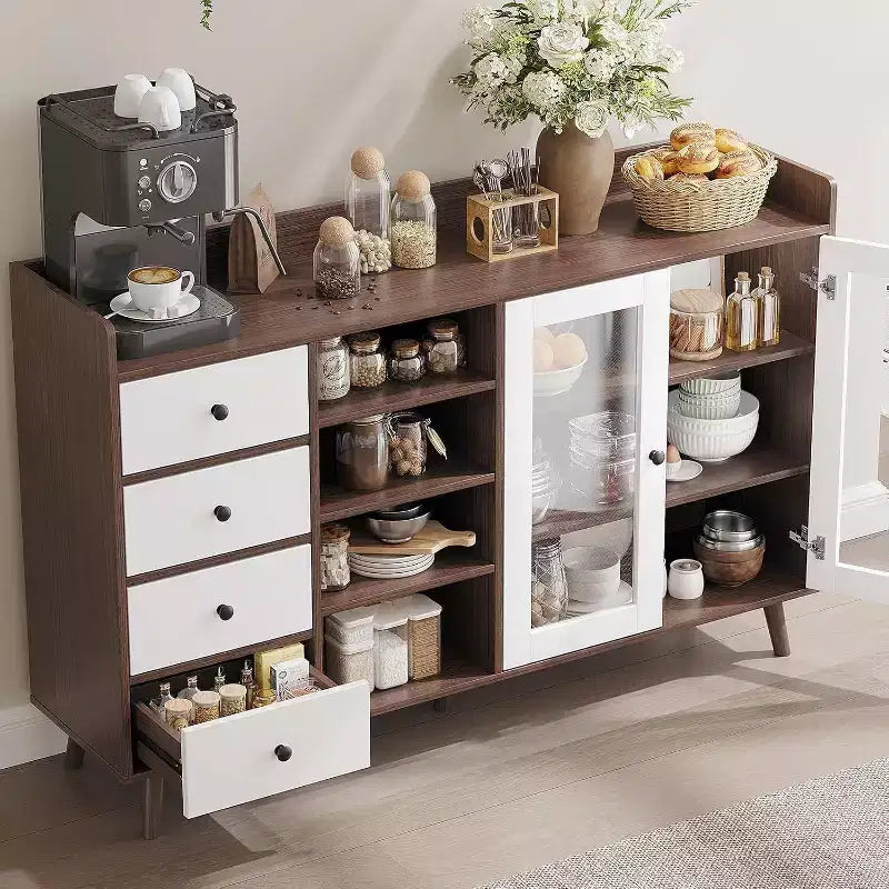 Meuble de Rangement Acekool 55, Buffet de Cuisine Noyer avec Tiroir, Portes Vitrées & Étagères Réglables, Meuble Bar à Café pour Salle à Manger