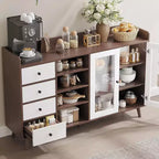 Meuble de Rangement Acekool 55, Buffet de Cuisine Noyer avec Tiroir, Portes Vitrées & Étagères Réglables, Meuble Bar à Café pour Salle à Manger