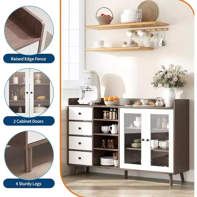 Meuble de Rangement Acekool 55, Buffet de Cuisine Noyer avec Tiroir, Portes Vitrées & Étagères Réglables, Meuble Bar à Café pour Salle à Manger