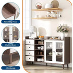 Meuble de Rangement Acekool 55, Buffet de Cuisine Noyer avec Tiroir, Portes Vitrées & Étagères Réglables, Meuble Bar à Café pour Salle à Manger
