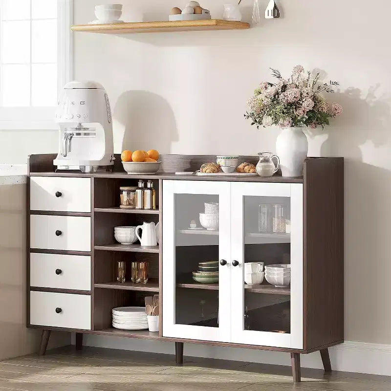 Meuble de Rangement Acekool 55, Buffet de Cuisine Noyer avec Tiroir, Portes Vitrées & Étagères Réglables, Meuble Bar à Café pour Salle à Manger