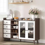 Meuble de Rangement Acekool 55, Buffet de Cuisine Noyer avec Tiroir, Portes Vitrées & Étagères Réglables, Meuble Bar à Café pour Salle à Manger
