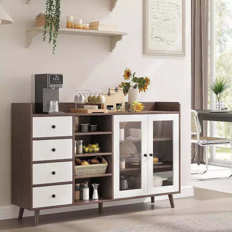 Meuble de Rangement Acekool 55, Buffet de Cuisine Noyer avec Tiroir, Portes Vitrées & Étagères Réglables, Meuble Bar à Café pour Salle à Manger