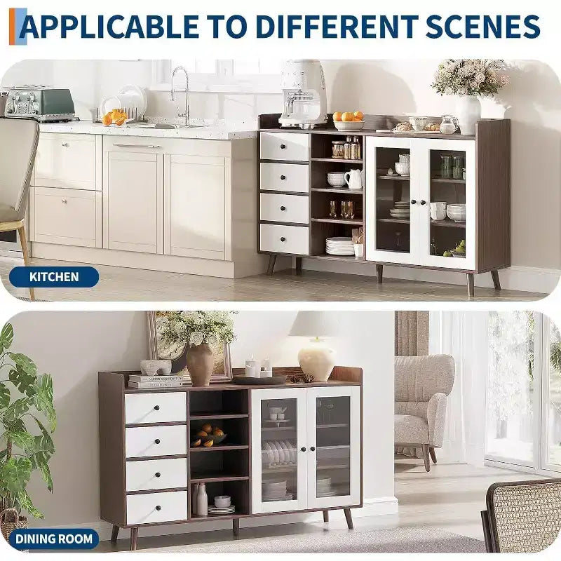 Meuble de Rangement Acekool 55, Buffet de Cuisine Noyer avec Tiroir, Portes Vitrées & Étagères Réglables, Meuble Bar à Café pour Salle à Manger