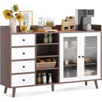 Meuble de Rangement Acekool 55, Buffet de Cuisine Noyer avec Tiroir, Portes Vitrées & Étagères Réglables, Meuble Bar à Café pour Salle à Manger