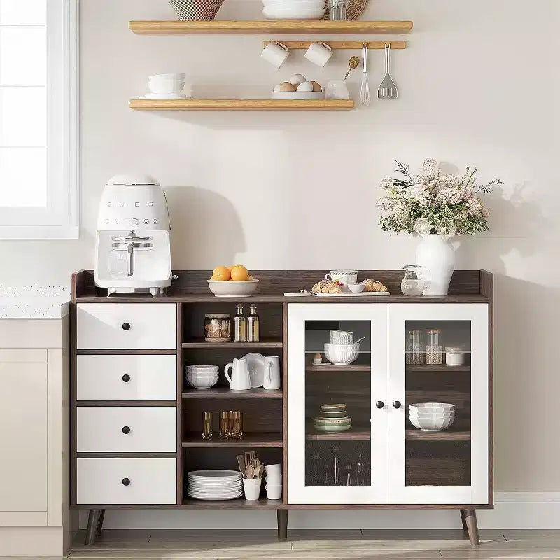 Acekool 55 Buffet Cabinet, Walnut Kitchen Storage Cupboard with Drawer, Glass Doors & Adjustable Shelves, Coffee Bar for Dining Room