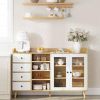 Meuble de Rangement Acekool 55, Buffet de Cuisine Noyer avec Tiroir, Portes Vitrées & Étagères Réglables, Meuble Bar à Café pour Salle à Manger