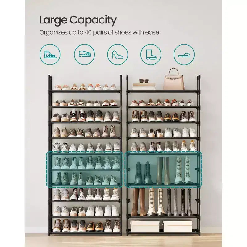 Étagère à chaussures à 10 niveaux, étagère à cadre métallique de 172 cm de haut avec étagères en tissu non tissé, organisateur modulaire pour entrée et chambre, noir