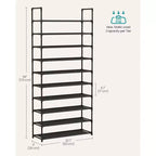 Étagère à chaussures à 10 niveaux, étagère à cadre métallique de 172 cm de haut avec étagères en tissu non tissé, organisateur modulaire pour entrée et chambre, noir