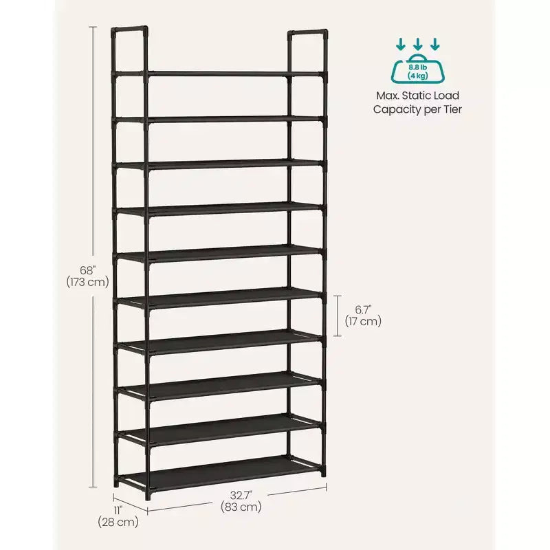 Étagère à chaussures à 10 niveaux, étagère à cadre métallique de 172 cm de haut avec étagères en tissu non tissé, organisateur modulaire pour entrée et chambre, noir