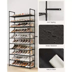 Étagère à chaussures à 10 niveaux, étagère à cadre métallique de 172 cm de haut avec étagères en tissu non tissé, organisateur modulaire pour entrée et chambre, noir