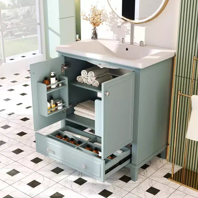 Meuble-lavabo de salle de bain autoportant de 76 cm avec 1 tiroir et 2 portes, meuble de salle de bain en bois avec lavabo en céramique, vert