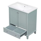 Meuble-lavabo de salle de bain autoportant de 76 cm avec 1 tiroir et 2 portes, meuble de salle de bain en bois avec lavabo en céramique, vert