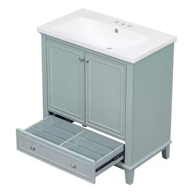 Meuble-lavabo de salle de bain autoportant de 76 cm avec 1 tiroir et 2 portes, meuble de salle de bain en bois avec lavabo en céramique, vert