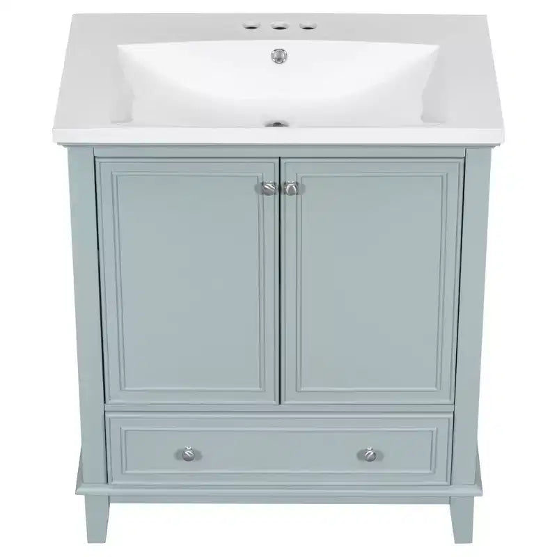 Meuble-lavabo de salle de bain autoportant de 76 cm avec 1 tiroir et 2 portes, meuble de salle de bain en bois avec lavabo en céramique, vert