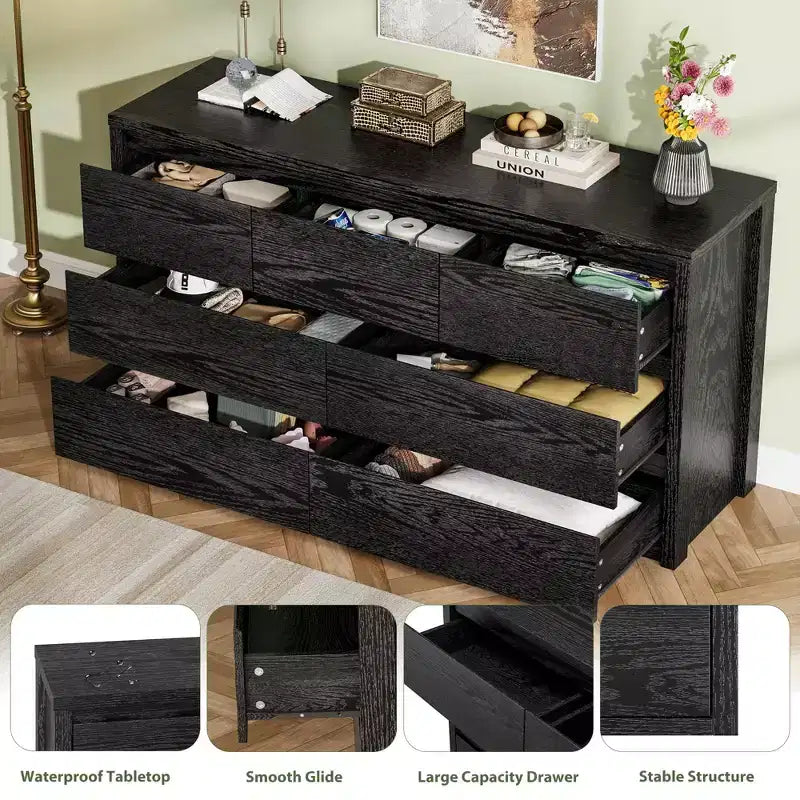 Commode à 8 tiroirs, dessus étanche, kit anti-basculement, rails lisses, profondeur mince de 39,6 cm, rangement style ferme pour salon, couloir, entrée