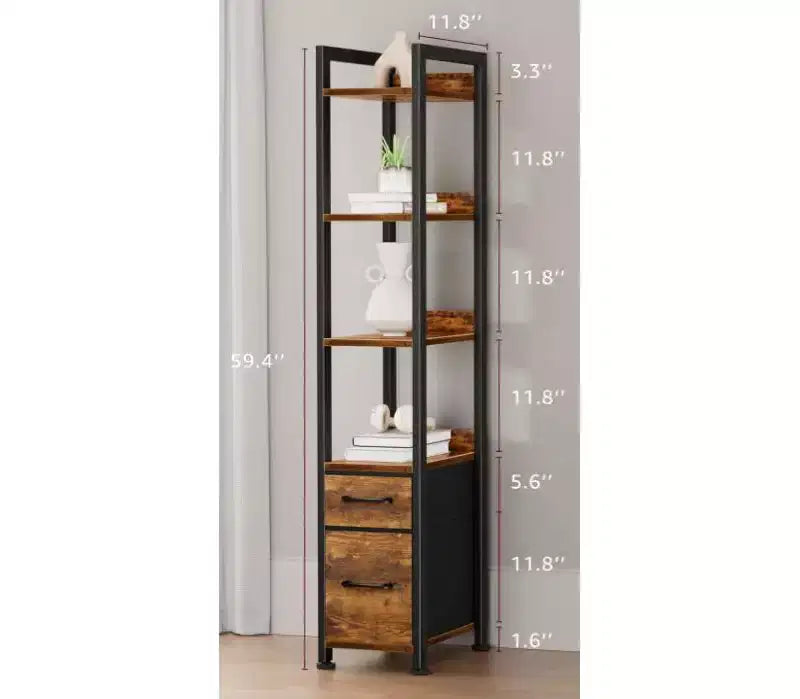 6-Tier Bookshelf, 59 Tall Narrow Bookcase with 2 Storage Drawers, Industrial Floor Standing Ladder Shelf for Bedroom, Living Room, Rustic Brown