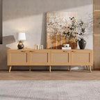 70 Inch Modern TV Stand with Rattan Doors for TVs up to 80 Inches Media Console with Storage Space and Cable Holes for Living Room