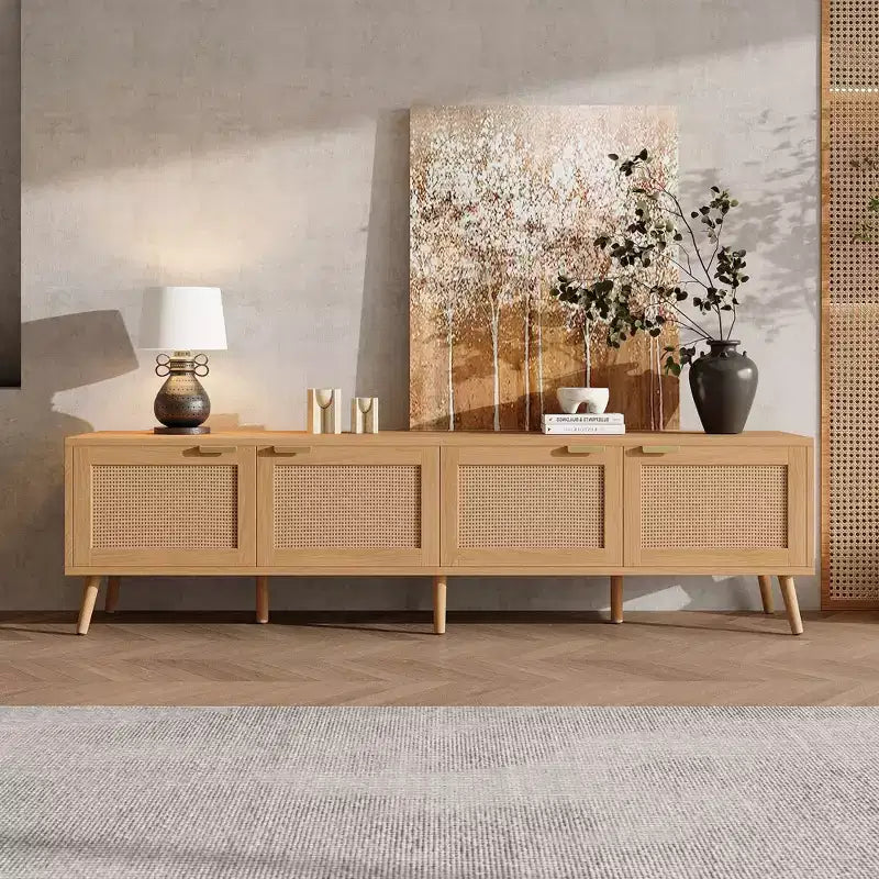 70 Inch Modern TV Stand with Rattan Doors for TVs up to 80 Inches Media Console with Storage Space and Cable Holes for Living Room