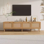 Meuble TV moderne de 70 pouces avec portes en rotin pour TV jusqu'à 80 pouces, console multimédia avec espace de rangement et passe-câbles pour salon