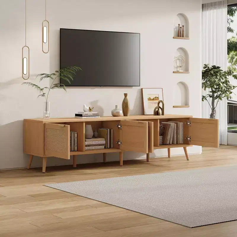 Meuble TV moderne de 70 pouces avec portes en rotin pour TV jusqu'à 80 pouces, console multimédia avec espace de rangement et passe-câbles pour salon