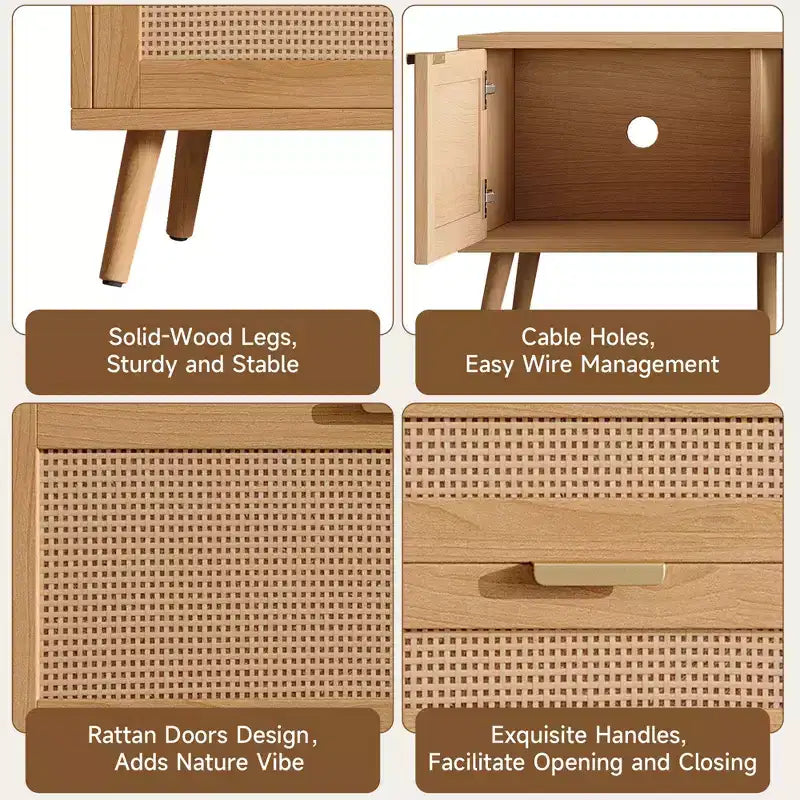 Meuble TV moderne de 70 pouces avec portes en rotin pour TV jusqu'à 80 pouces, console multimédia avec espace de rangement et passe-câbles pour salon