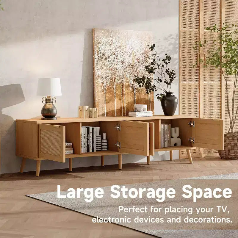 Meuble TV moderne de 70 pouces avec portes en rotin pour TV jusqu'à 80 pouces, console multimédia avec espace de rangement et passe-câbles pour salon