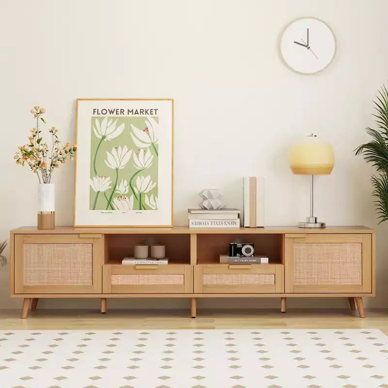 Meuble TV en rotin naturel de 199,9 cm pour téléviseurs jusqu'à 85 pouces, console média avec pieds en bois massif pour salon et home cinéma