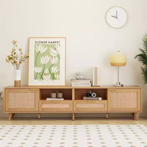 Meuble TV en rotin naturel de 199,9 cm pour téléviseurs jusqu'à 85 pouces, console média avec pieds en bois massif pour salon et home cinéma