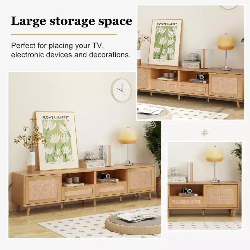 Meuble TV en rotin naturel de 199,9 cm pour téléviseurs jusqu'à 85 pouces, console média avec pieds en bois massif pour salon et home cinéma