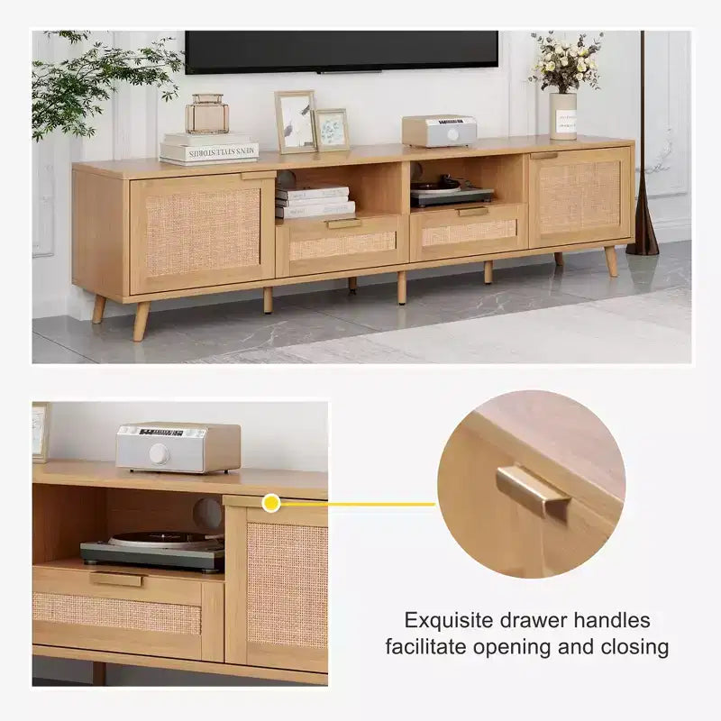 Meuble TV en rotin naturel de 199,9 cm pour téléviseurs jusqu'à 85 pouces, console média avec pieds en bois massif pour salon et home cinéma