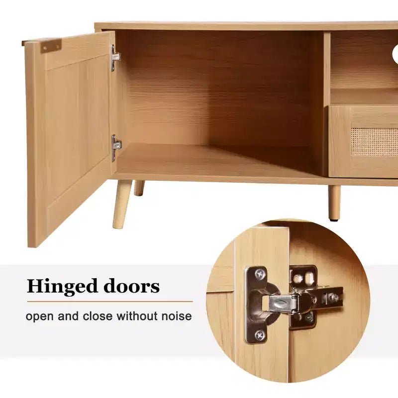 Meuble TV en rotin naturel de 199,9 cm pour téléviseurs jusqu'à 85 pouces, console média avec pieds en bois massif pour salon et home cinéma