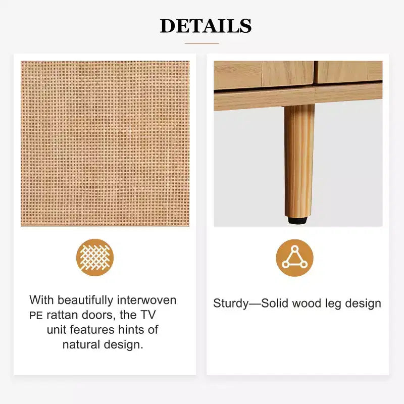 Meuble TV en rotin naturel de 199,9 cm pour téléviseurs jusqu'à 85 pouces, console média avec pieds en bois massif pour salon et home cinéma