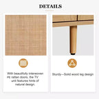 Meuble TV en rotin naturel de 199,9 cm pour téléviseurs jusqu'à 85 pouces, console média avec pieds en bois massif pour salon et home cinéma