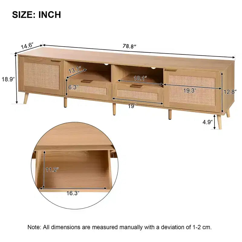 Meuble TV en rotin naturel de 199,9 cm pour téléviseurs jusqu'à 85 pouces, console média avec pieds en bois massif pour salon et home cinéma