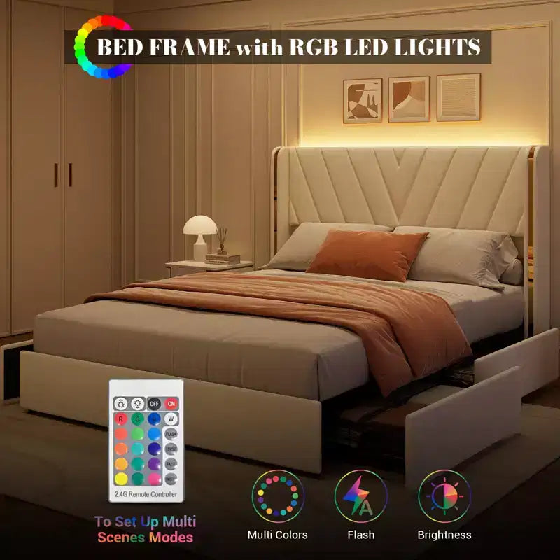 Cadre de lit rembourré à LED 1200 LBS, lumières RGB avec télécommande, tête de lit en mousse à oreilles, garniture en métal doré et 4 tiroirs de rangement silencieux, installation facile