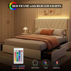 Cadre de lit rembourré à LED 1200 LBS, lumières RGB avec télécommande, tête de lit en mousse à oreilles, garniture en métal doré et 4 tiroirs de rangement silencieux, installation facile