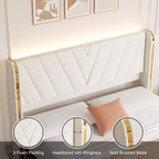 Cadre de lit rembourré à LED 1200 LBS, lumières RGB avec télécommande, tête de lit en mousse à oreilles, garniture en métal doré et 4 tiroirs de rangement silencieux, installation facile