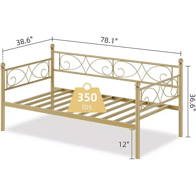 Cadre de lit de repos double en métal doré avec lattes robustes, canapé-lit convertible pour salon et chambre à coucher, design peu encombrant