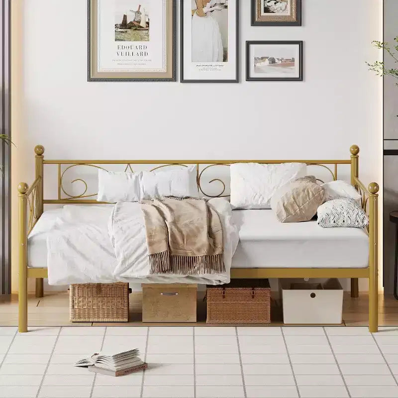 Cadre de lit de repos double en métal doré avec lattes robustes, canapé-lit convertible pour salon et chambre à coucher, design peu encombrant