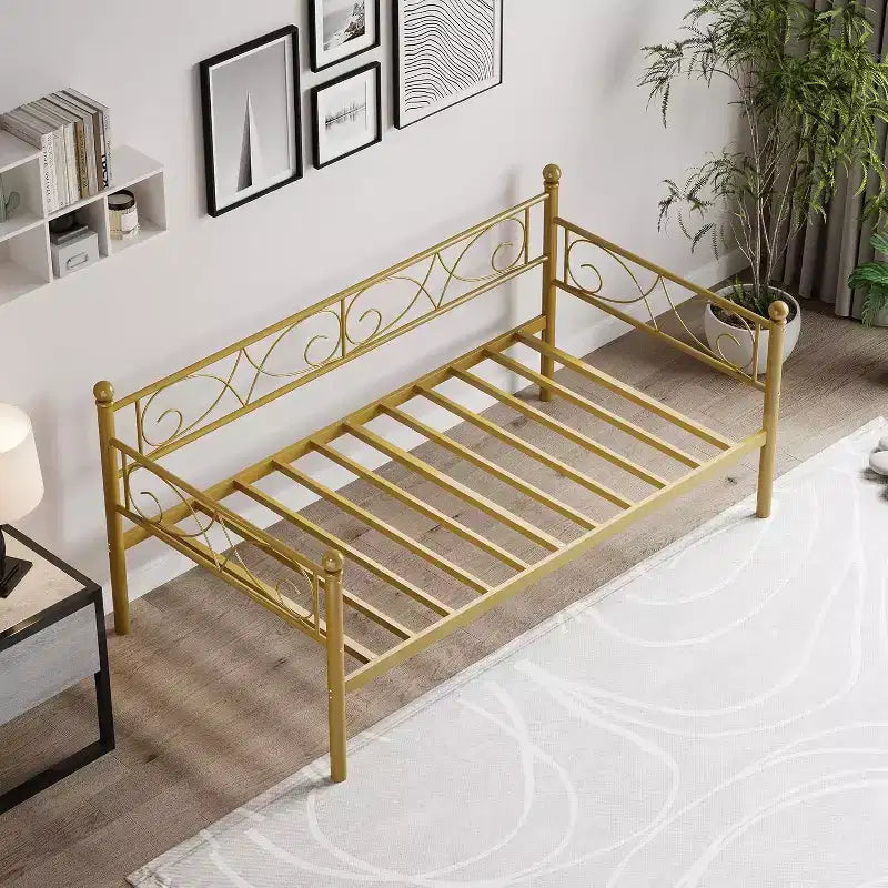 Cadre de lit de repos double en métal doré avec lattes robustes, canapé-lit convertible pour salon et chambre à coucher, design peu encombrant