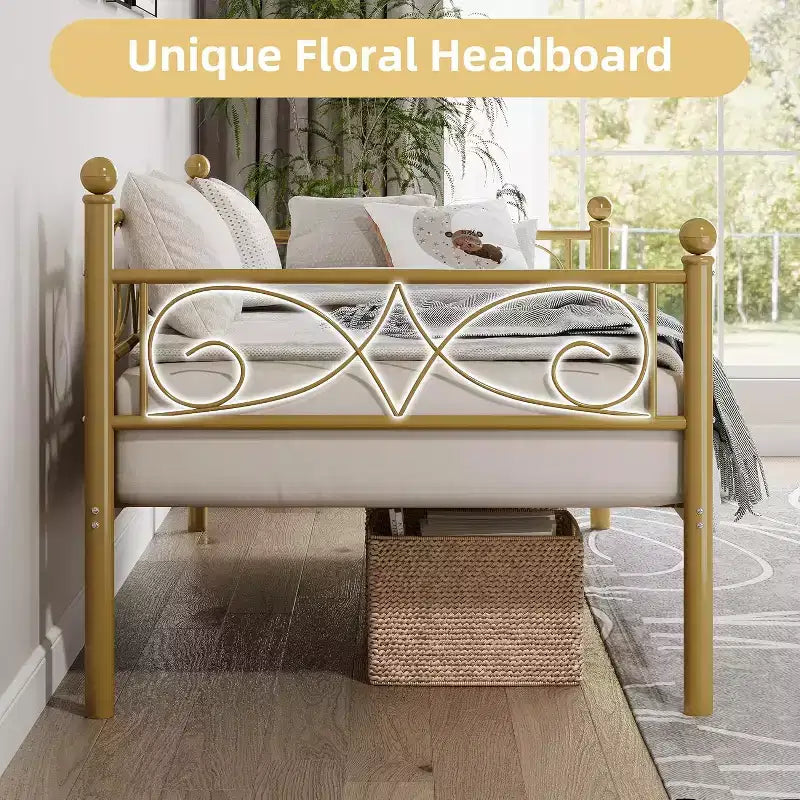 Cadre de lit de repos double en métal doré avec lattes robustes, canapé-lit convertible pour salon et chambre à coucher, design peu encombrant