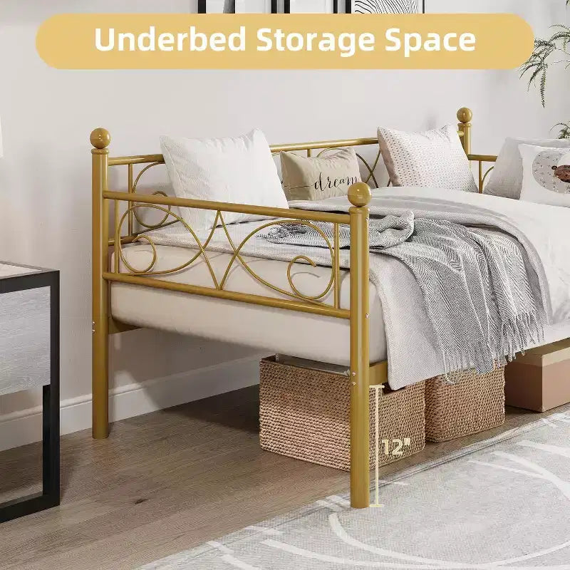 Cadre de lit de repos double en métal doré avec lattes robustes, canapé-lit convertible pour salon et chambre à coucher, design peu encombrant