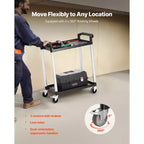 Chariot de service VEVOR, capacité de charge 136 kg, chariot utilitaire en plastique à 2 niveaux avec roulettes pivotantes à 360° (2 avec freins), chariot de service alimentaire 62 x 41 cm, noir