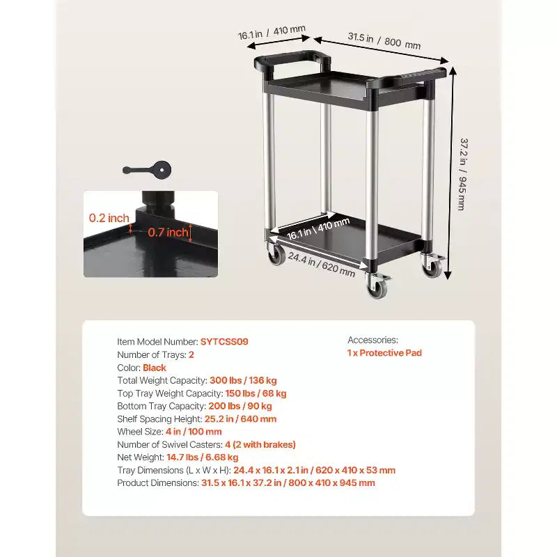 Chariot de service VEVOR, capacité de charge 136 kg, chariot utilitaire en plastique à 2 niveaux avec roulettes pivotantes à 360° (2 avec freins), chariot de service alimentaire 62 x 41 cm, noir